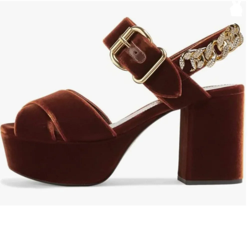 FSJ Brown-chain Peep Toe Chunky High Heels Platform Ankle Strap Velvet Sandals